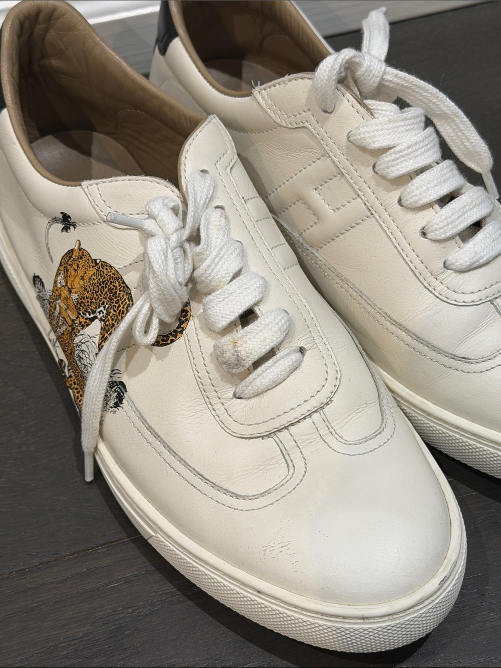 Hermes White Leather Sneakers with Leopard Motif and Black Heel - Picture 5 of 9